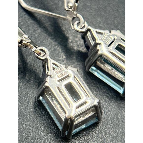 BBJ 925 Sterling Silver Emerald Cut Blue Topaz Sm Sapphire Lever back Earrings - Picture 8 of 9
